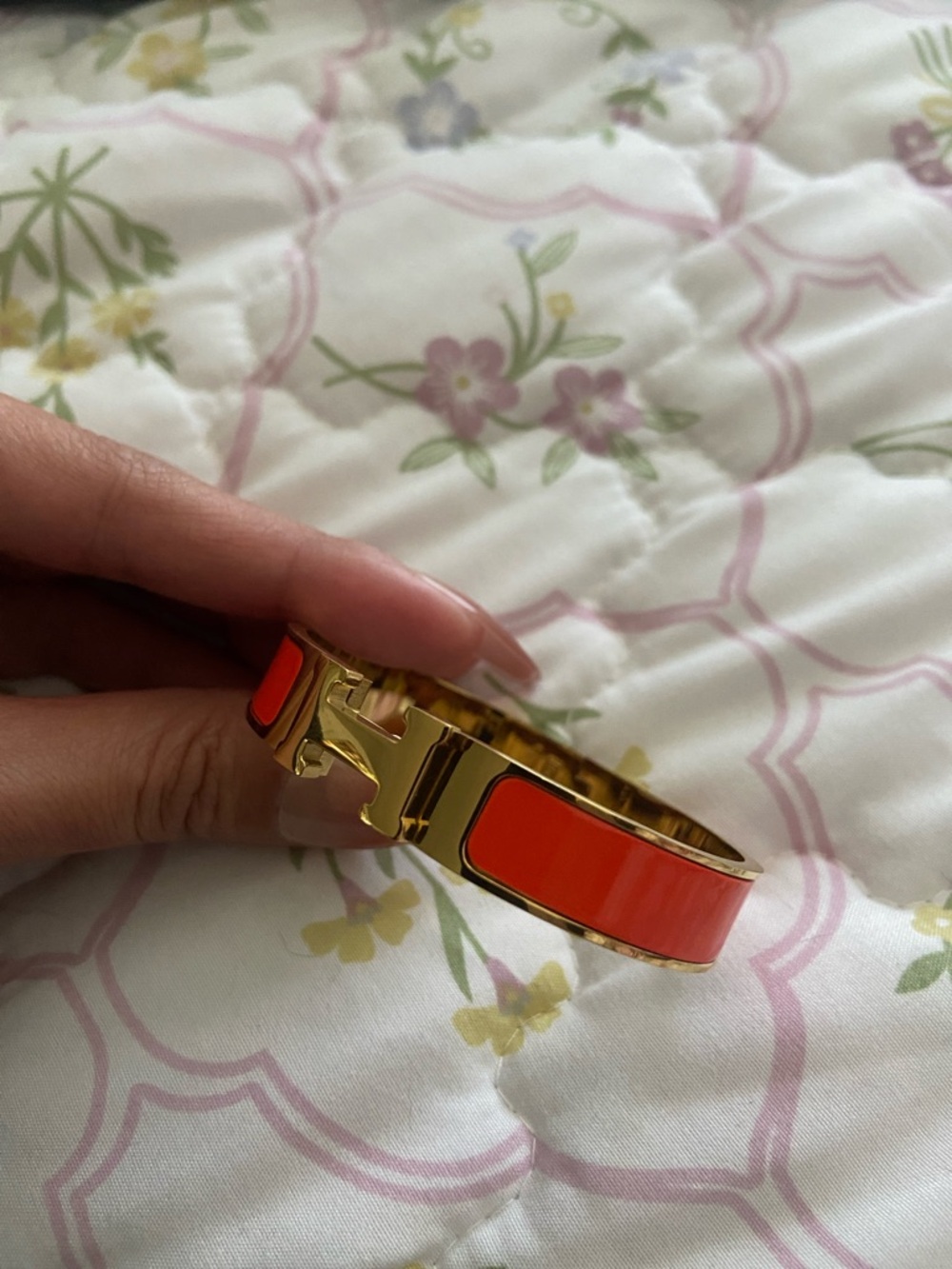 Hermes Gold and Orange Enamel H Bracelet Bracelet